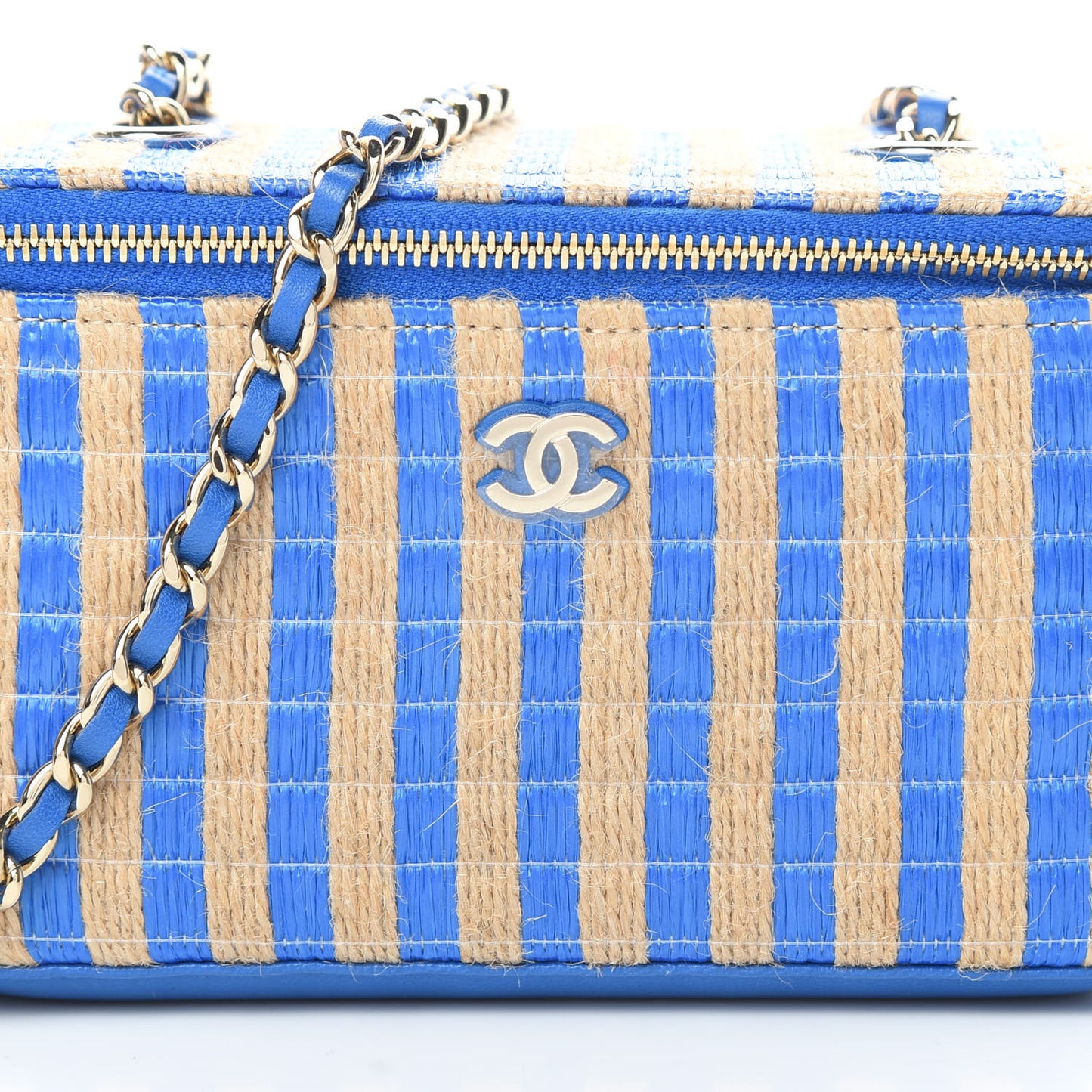 Raffia Jute Striped Small Vanity Case With Chain Blue Beige
