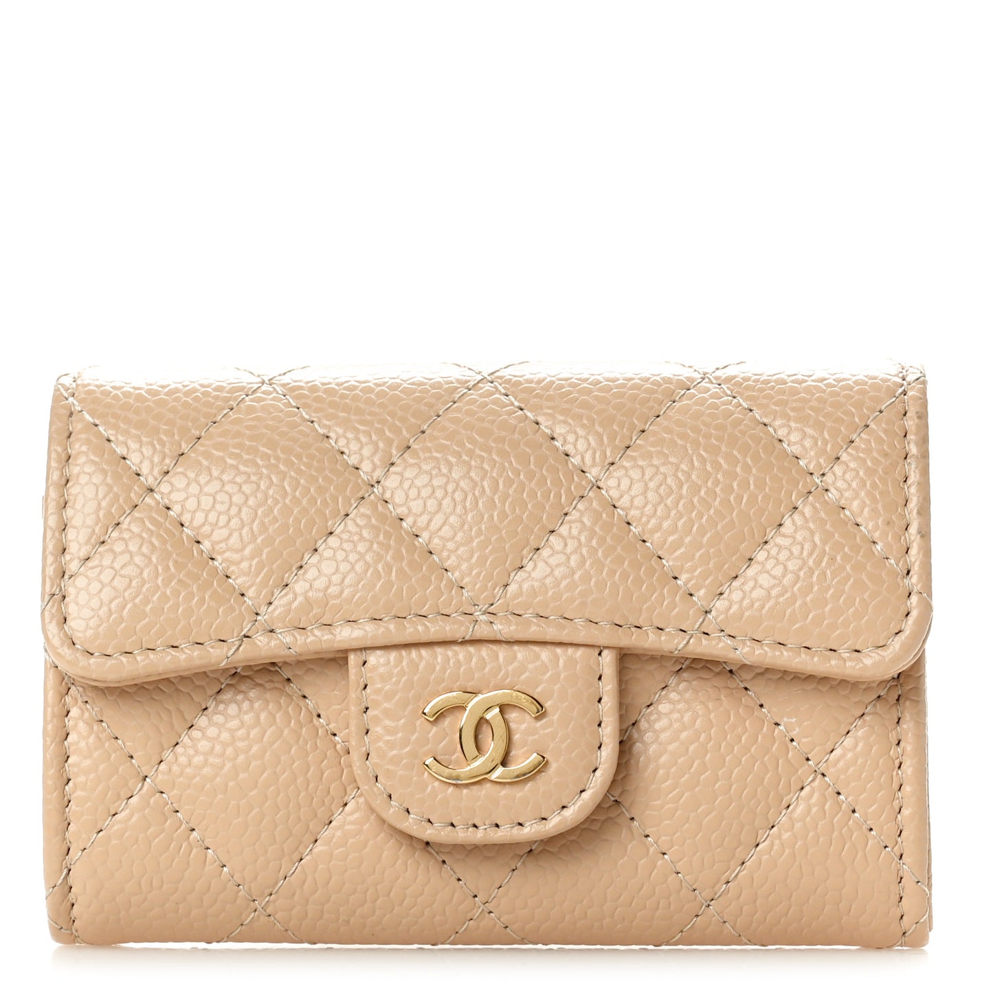 Caviar Quilted Flap Card Holder Wallet Beige