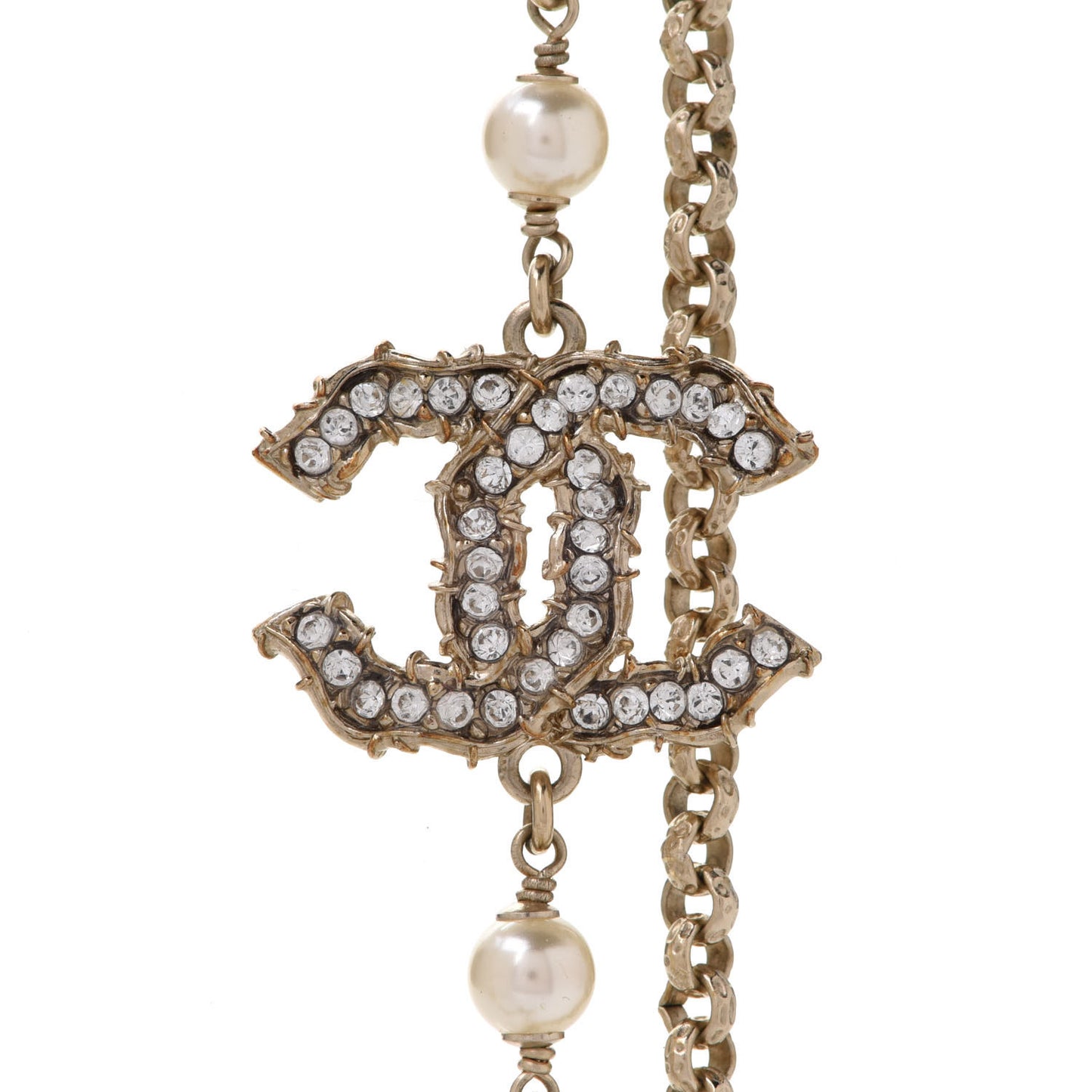 Pearl Crystal CC Camellia Express Long Necklace Gold