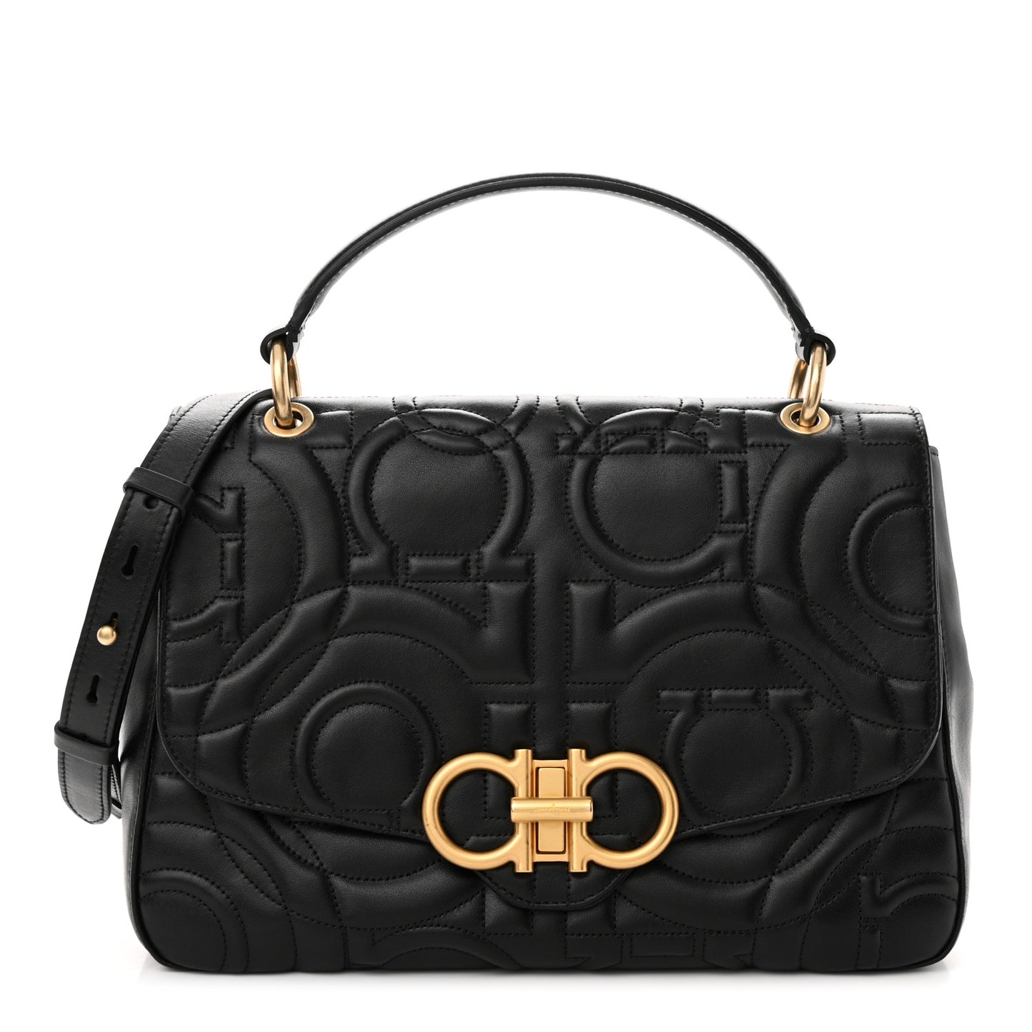 Calfskin Quilted Gancini Top Handle Flap Bag Black