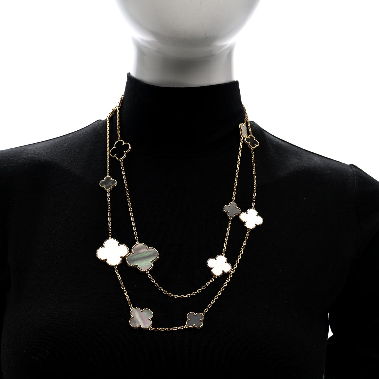18K Yellow Gold Onyx Mother of Pearl 16 Motifs Magic Alhambra Necklace