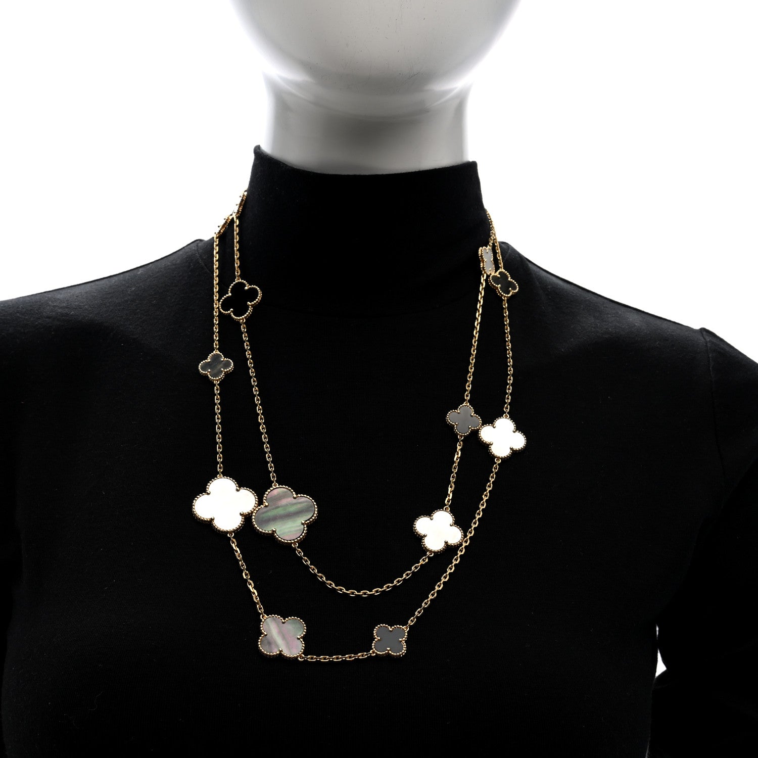 Van Cleef & Arpels 18K Yellow Gold Onyx Mother of Pearl 16 Motifs Magic Alhambra Necklace 2 of 4
