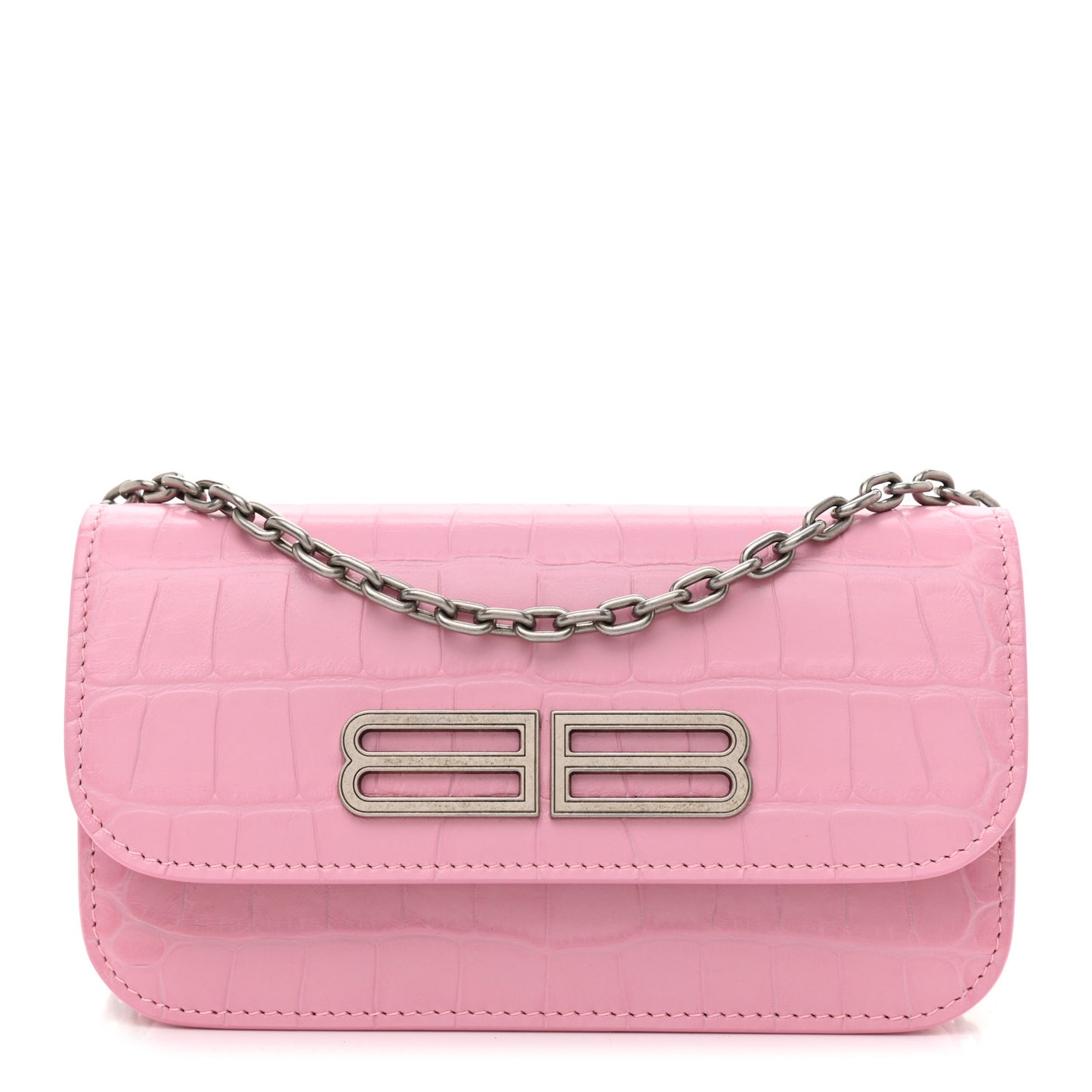 Extra Supple Calfskin Crocodile Embossed Gossip Wallet On Chain Candy Pink