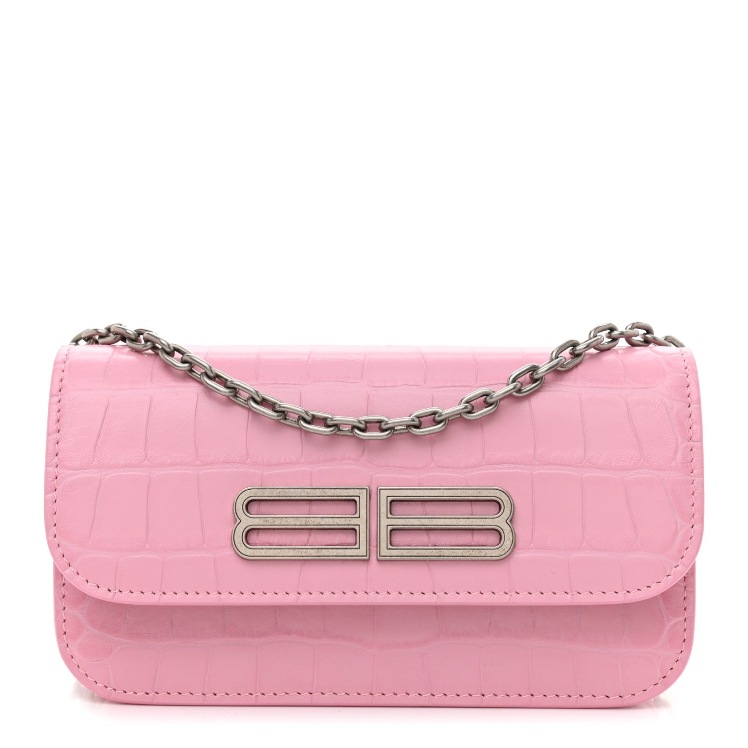 Balenciaga Extra Supple Calfskin Crocodile Embossed Gossip Wallet On Chain Candy Pink 1 of 8