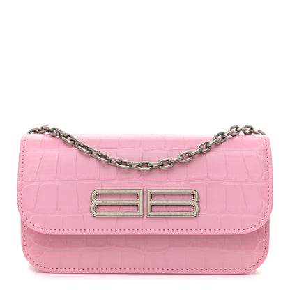 Balenciaga Extra Supple Calfskin Crocodile Embossed Gossip Wallet On Chain Candy Pink 1 of 8