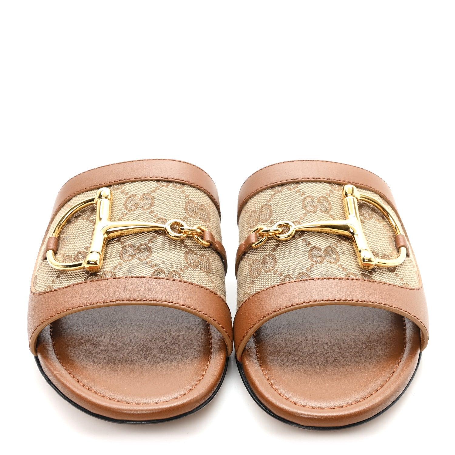 Gucci Calfskin Monogram Horsebit Womens Slide Sandals 39 Beige Ebony Sundial 3 of 10