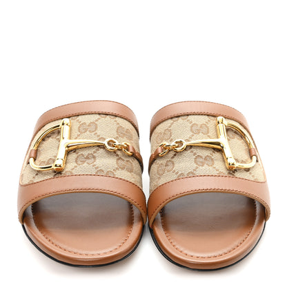 Gucci Calfskin Monogram Horsebit Womens Slide Sandals 39 Beige Ebony Sundial 3 of 10