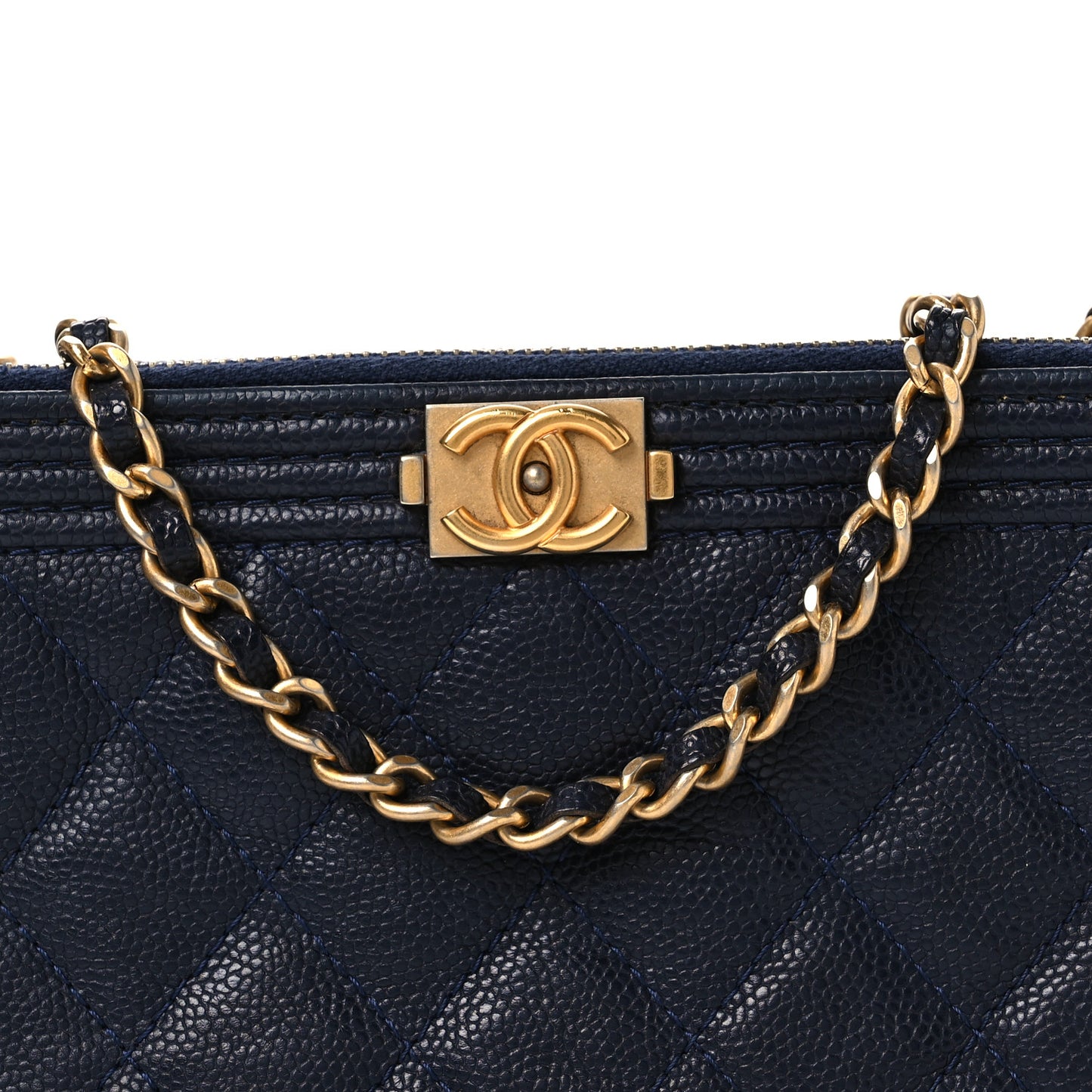 Caviar Quilted Small Boy Clutch With Chain Dark Blue