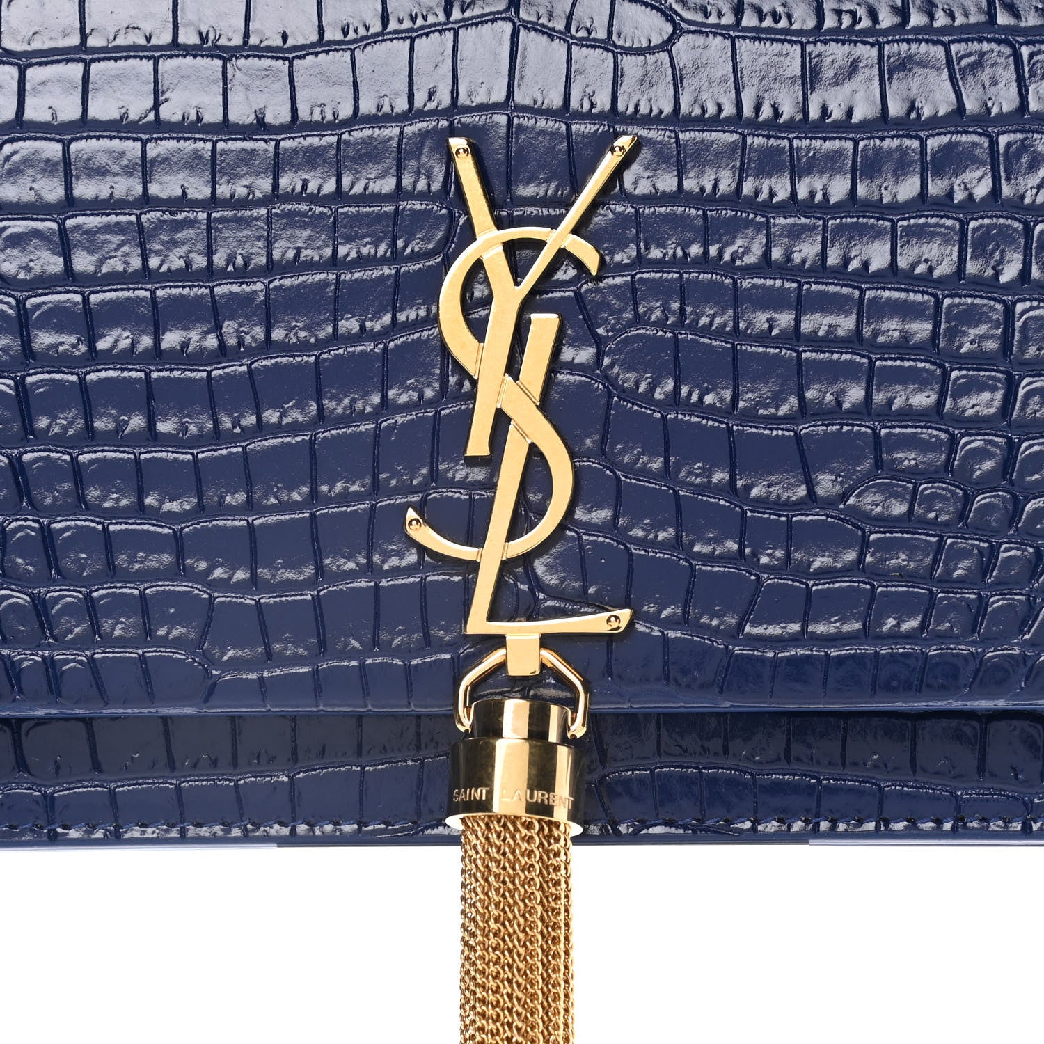 Saint Laurent Calfskin Crocodile Embossed Kate Monogram Tassel Chain Wallet Royal Blue 7 of 12