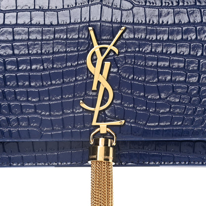 Saint Laurent Calfskin Crocodile Embossed Kate Monogram Tassel Chain Wallet Royal Blue 7 of 12