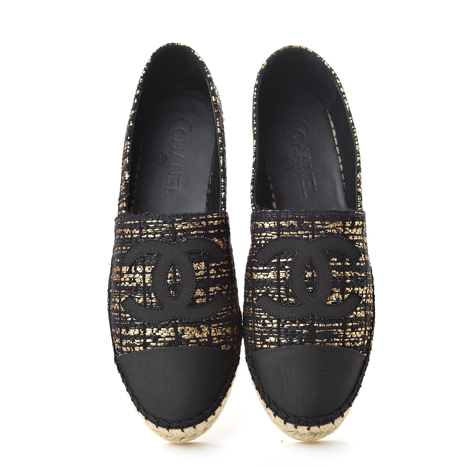 Chanel Metallic Tweed Grosgrain CC Espadrilles 40 Black Gold 5 of 12