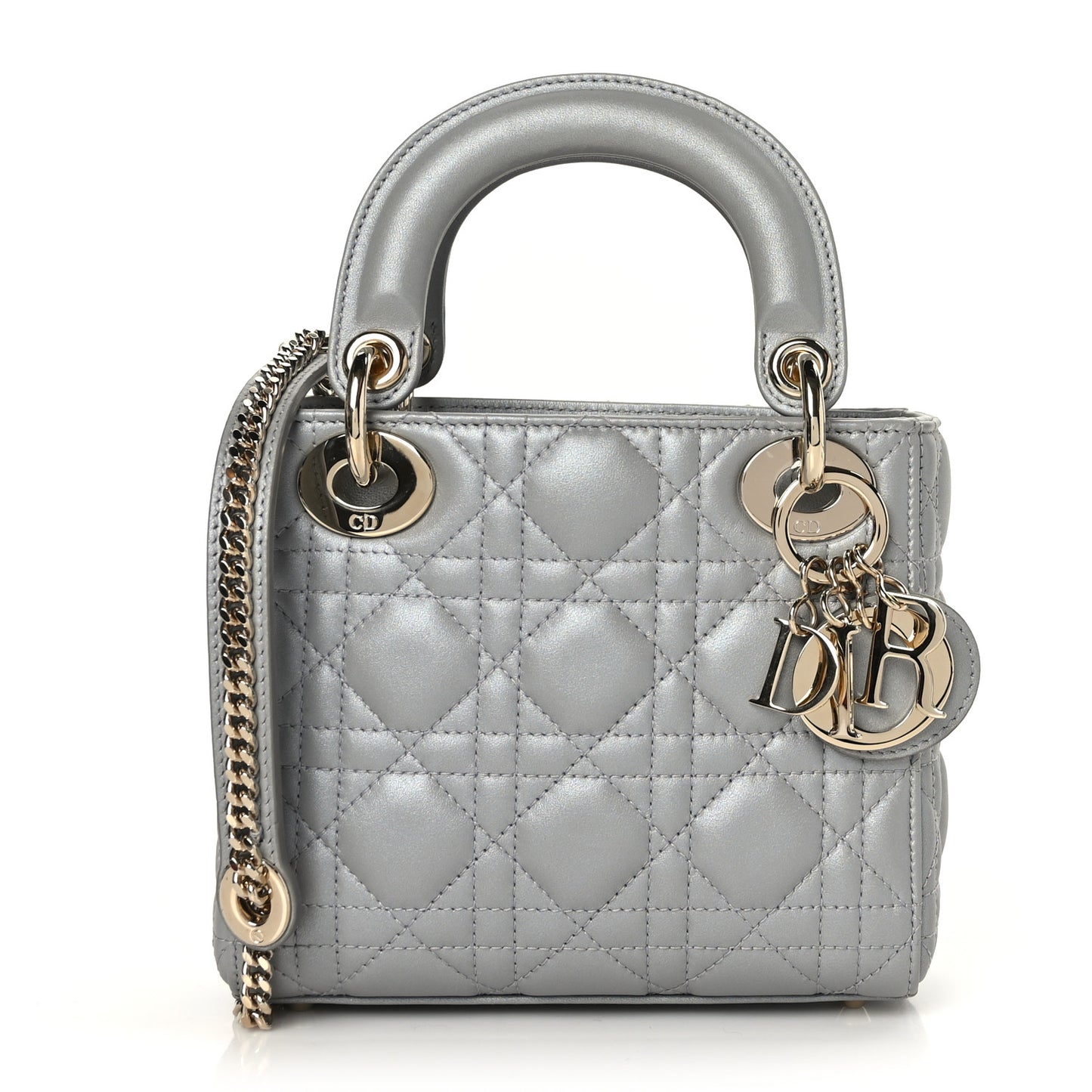 Metallic Lambskin Cannage Mini Lady Dior Grey