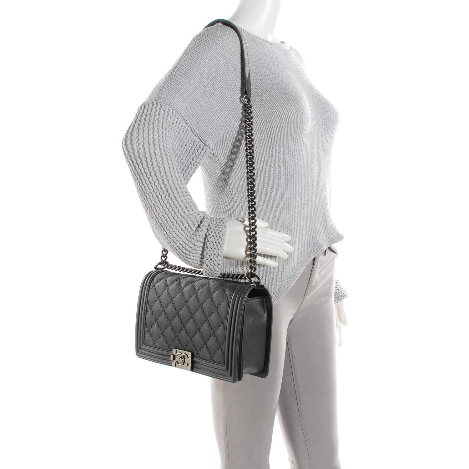 Chanel Calfskin Double Stitch New Medium Boy Flap Grey 3 of 7