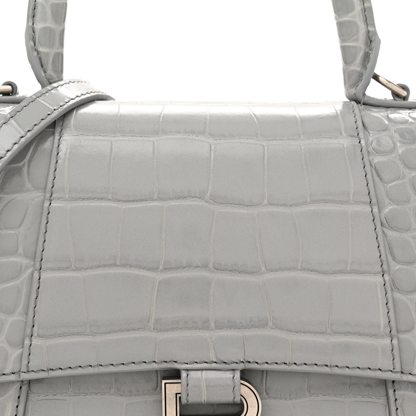 Shiny Calfskin Crocodile Embossed Small Hourglass Top Handle Bag Steel Grey