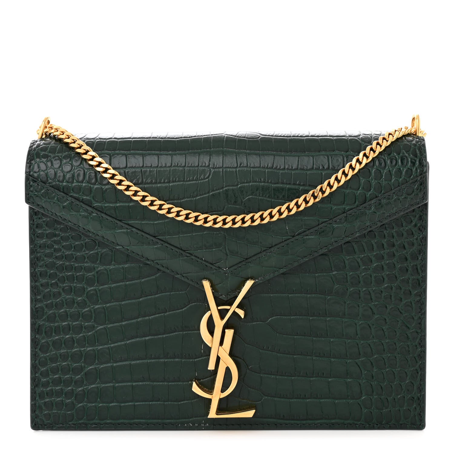 Saint Laurent Calfskin Crocodile Embossed Monogram Cassandra Clasp Bag Dark Mint 1 of 12