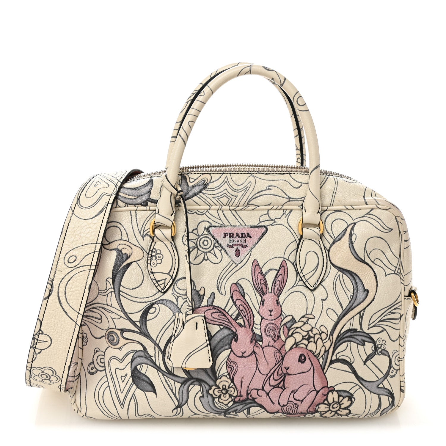 Prada X JAMES JEAN Glace Calfskin Rabbit Print Bauletto Opaline 1 of 11