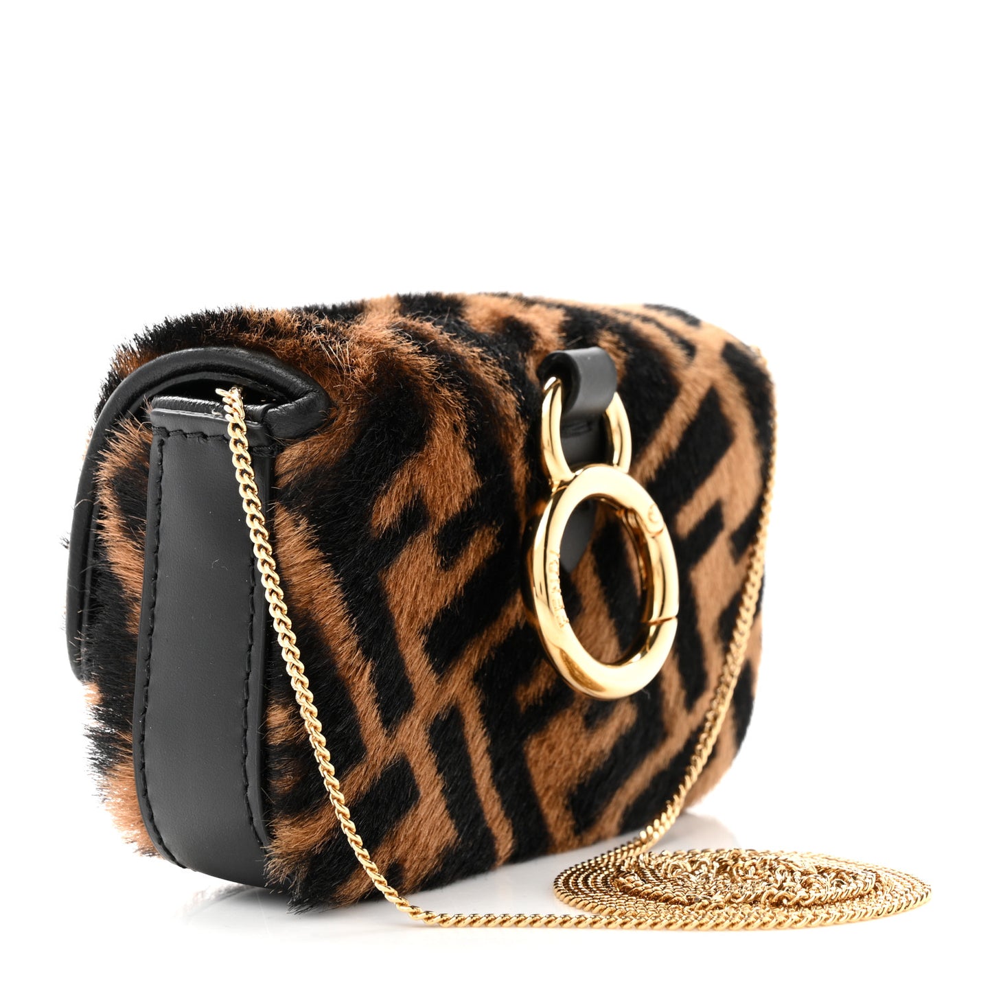 Sheared Sheepskin Vitello King FF Nano Baguette Charm Tobacco Moro Black