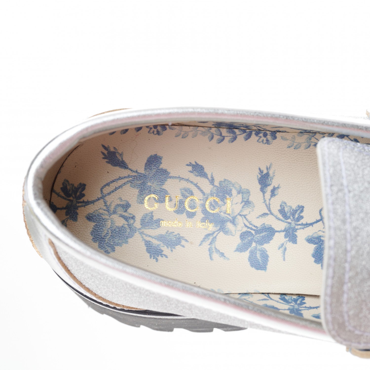 Gucci Mini Diamond Storm Silk Calfskin Womens Harald Horsebit 25mm Platform Loafers 36 Silver 9 of 10