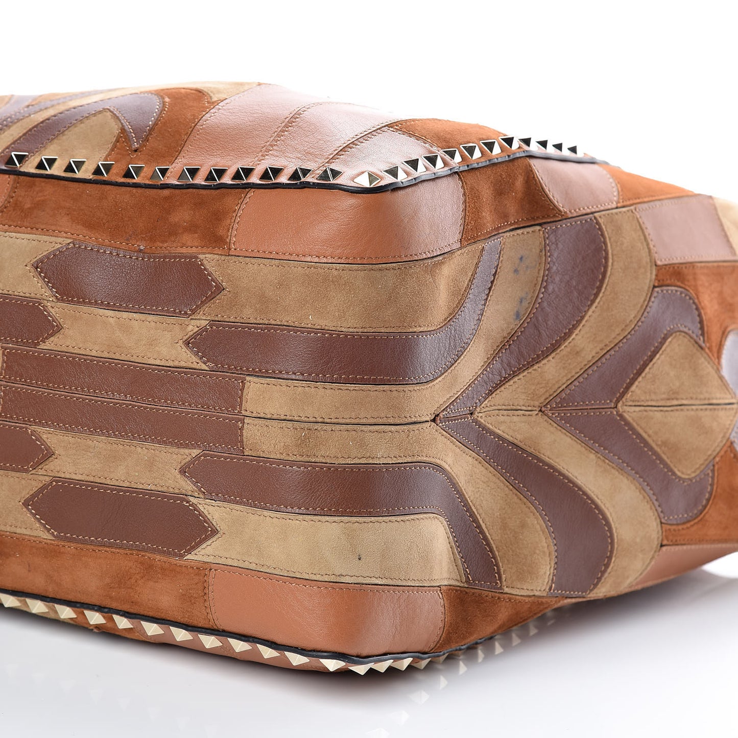 Calfskin Canvas Patchwork Medium Rockstud Reversible Tote Brown