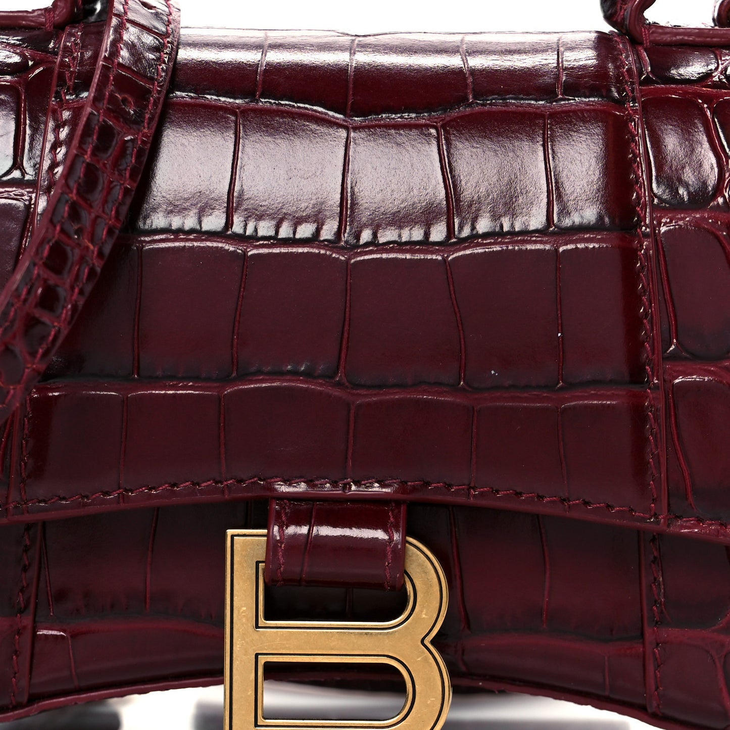 Shiny Calfskin Crocodile Embossed Hourglass Top Handle Bag XS Dark Red