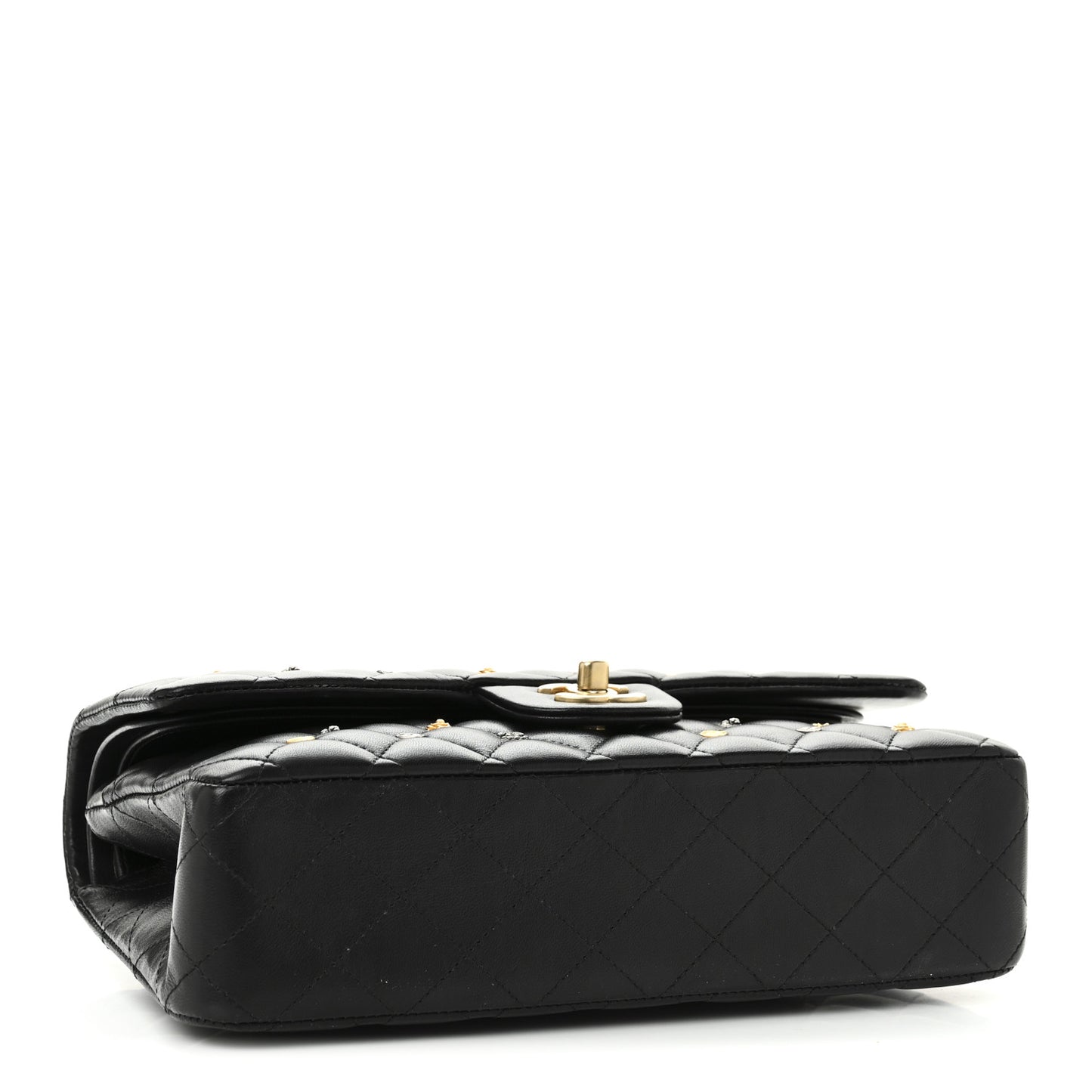 Lambskin Quilted Studded Medium Double Flap Black
