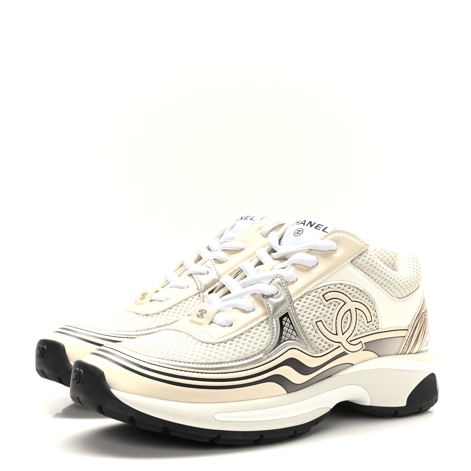 Chanel Fabric Laminated Calfskin Stretch CC Womens Sneakers 38 Ivory White Silver 3 of 8