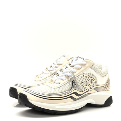 Chanel Fabric Laminated Calfskin Stretch CC Womens Sneakers 38 Ivory White Silver 3 of 8