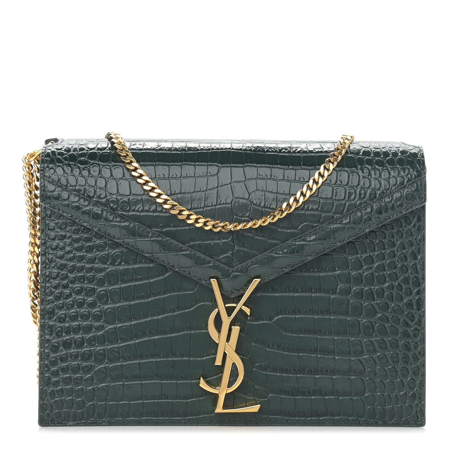 Saint Laurent Calfskin Crocodile Embossed Monogram Cassandra Clasp Bag Dark Mint 1 of 12