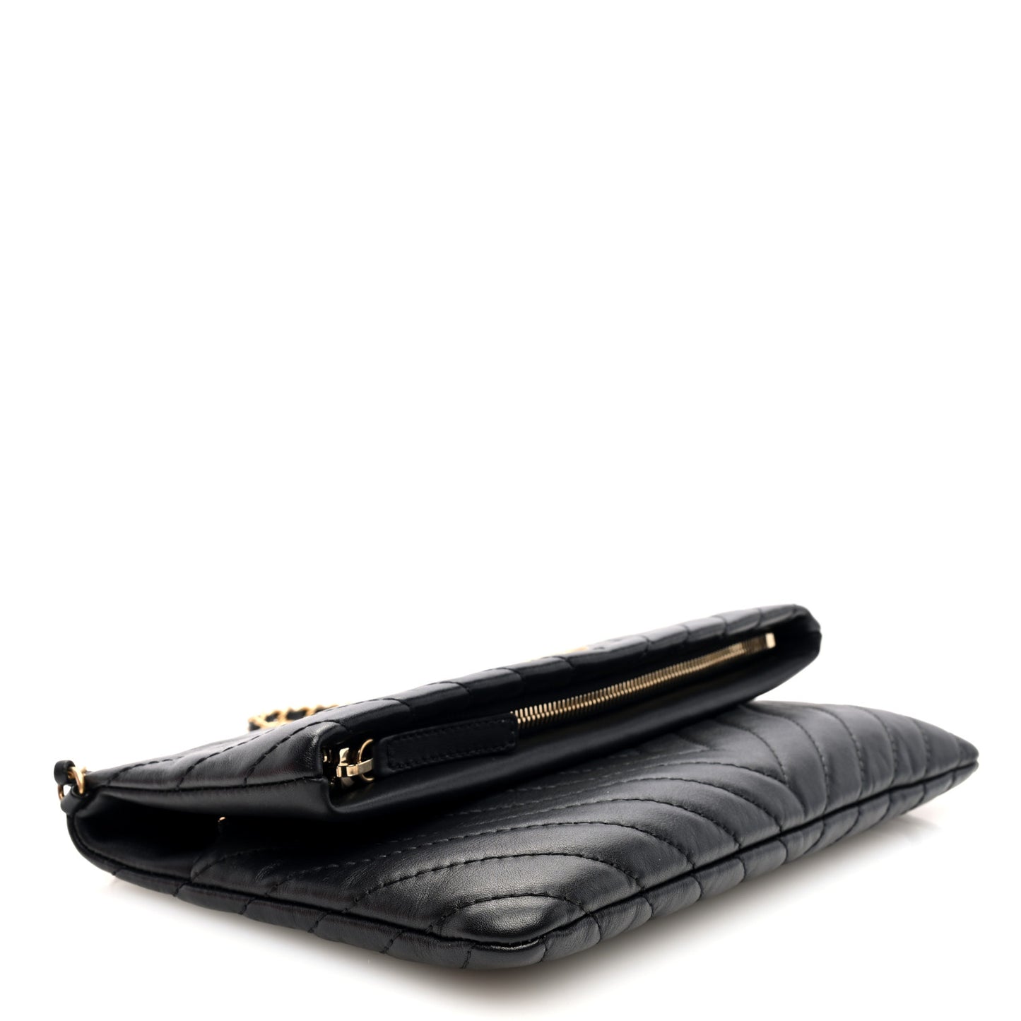 Lambskin Chevron Quilted Fold Over Clutch Black