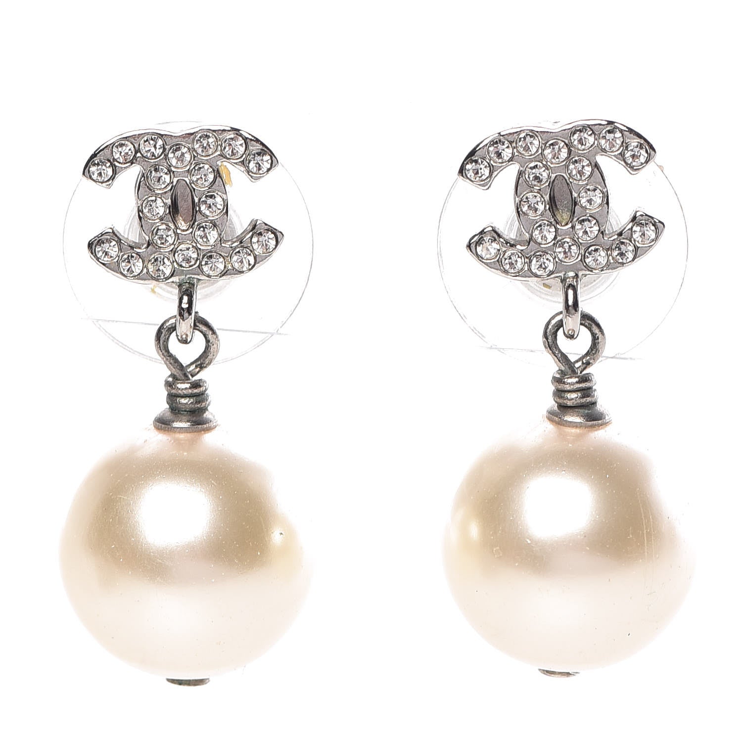 Chanel Crystal Pearl CC Drop Earrings Silver 1 of 5