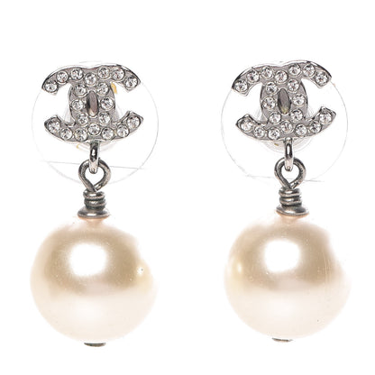 Chanel Crystal Pearl CC Drop Earrings Silver 1 of 5
