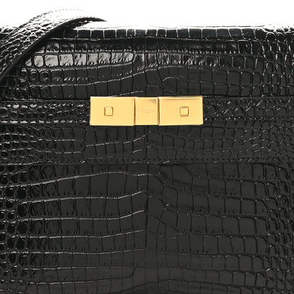 Saint Laurent Shiny Calfskin Crocodile Embossed Manhattan Baguette Black 8 of 10