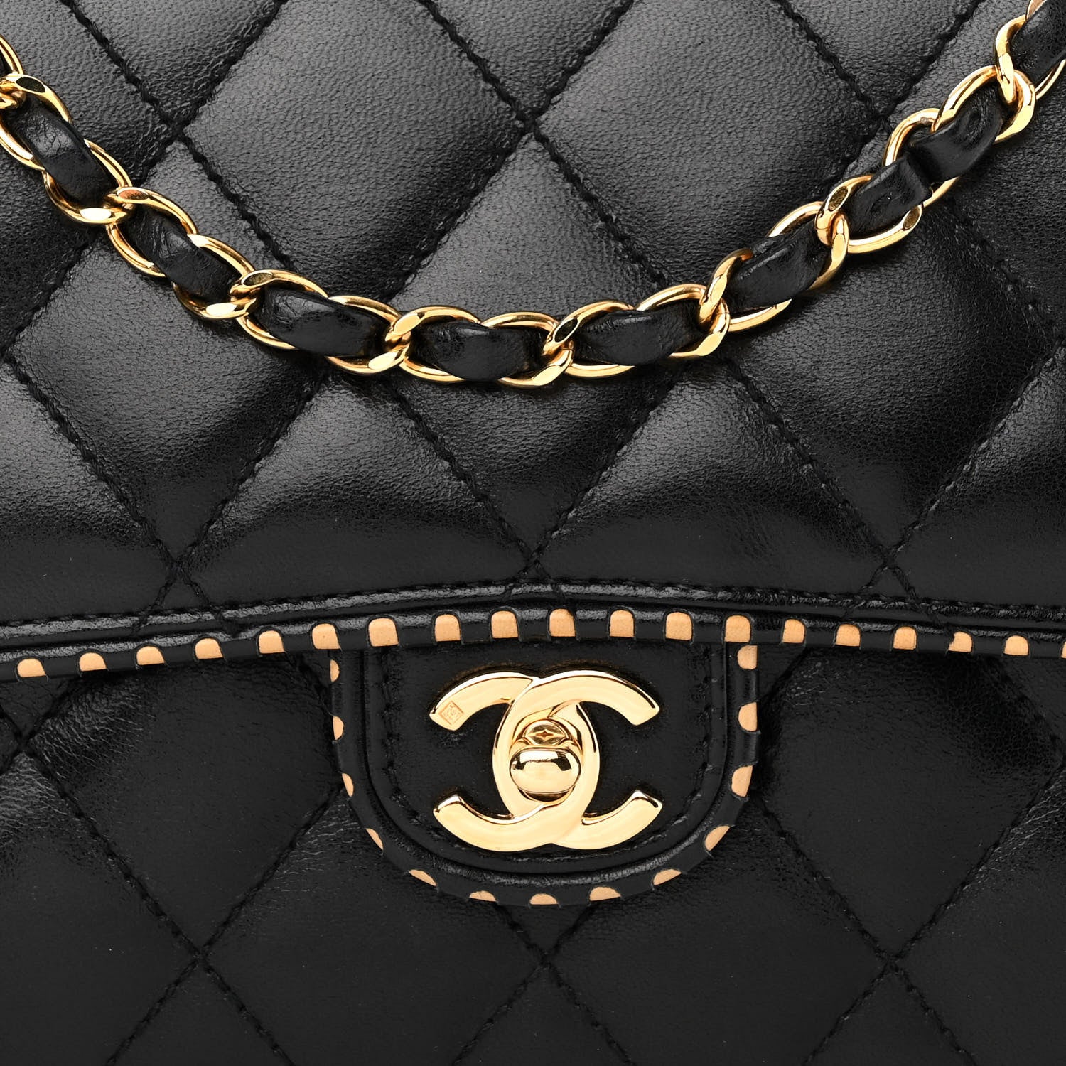 Chanel Lambskin Quilted Perforated Edge Flap Black Beige 8 of 11