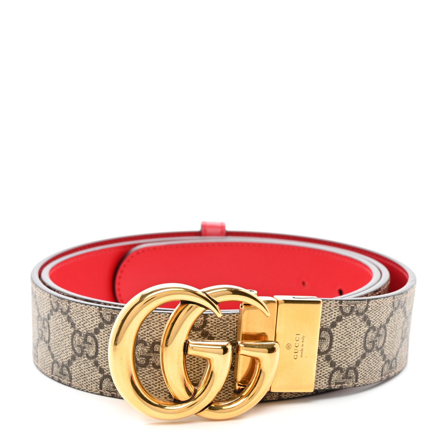 Gucci GG Supreme Monogram Plutone Calfskin Double G Reversible 37mm Belt 115 46 Beige Ebony New Cherry Red 1 of 7