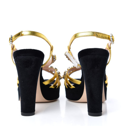 Gucci Velvet Nappa Crystal Zephyra Slingback Platform High Heel Sandals 35.5 Black Gold 7 of 10