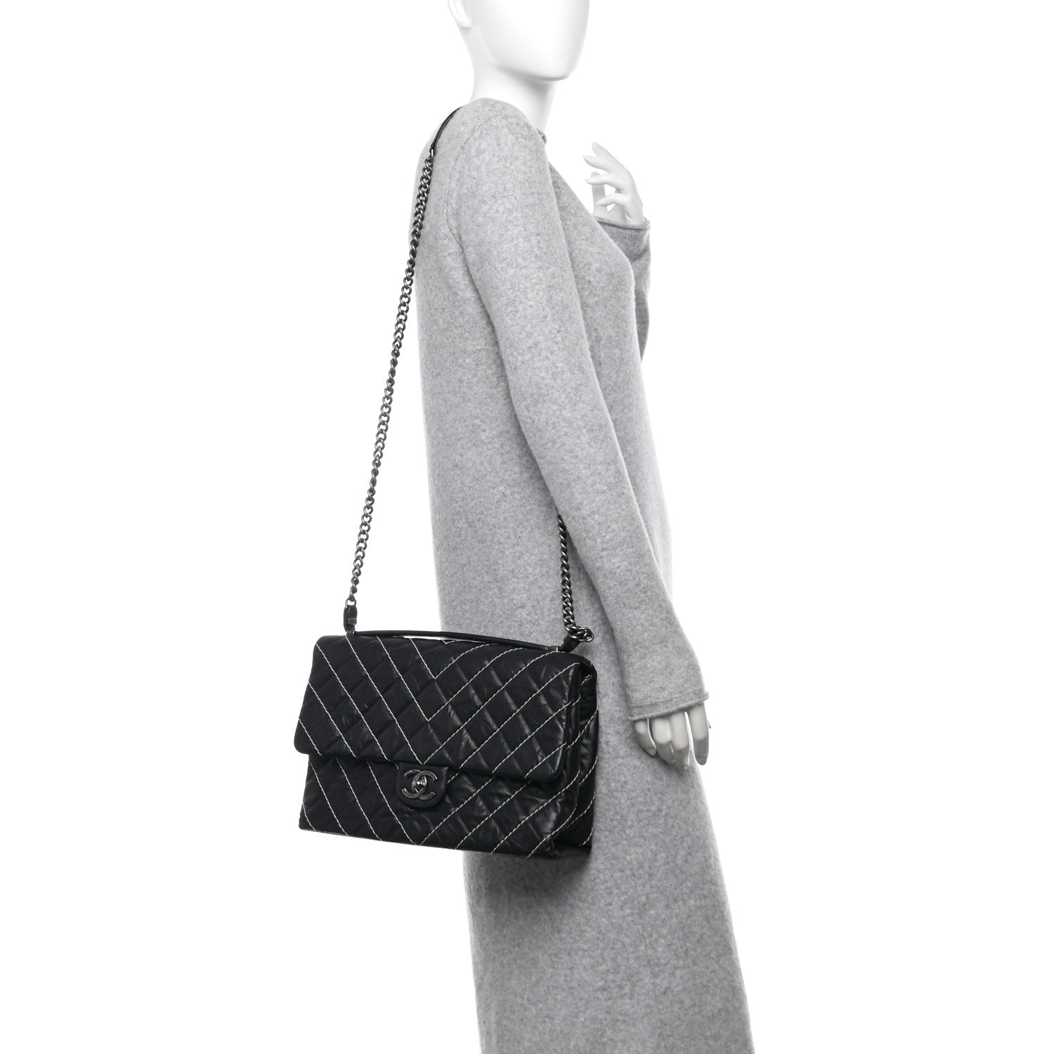 Chanel Aged Calfskin Chevron Stitched Quilted Flap Black 2 of 11