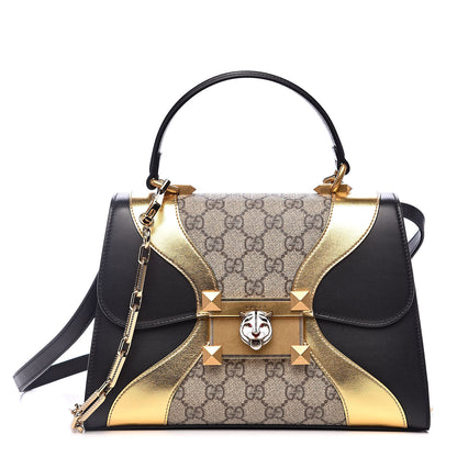 Gucci GG Supreme Monogram Small Osiride Top Handle Bag Black Gold 1 of 12
