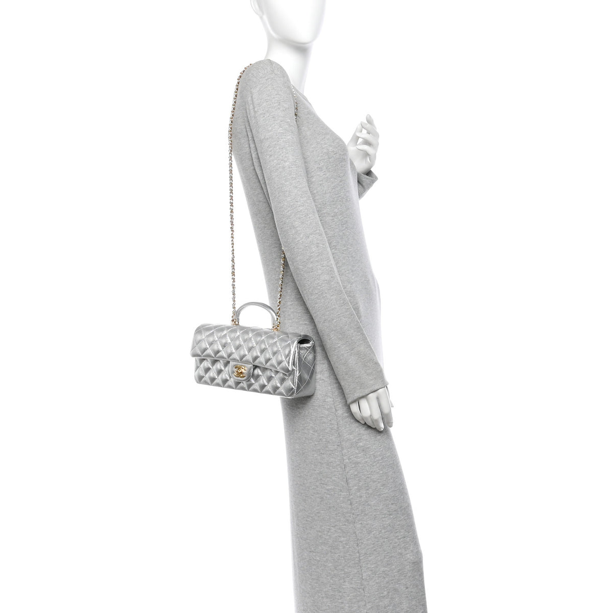 Metallic Caviar Quilted Top Handle East West Flap Silver