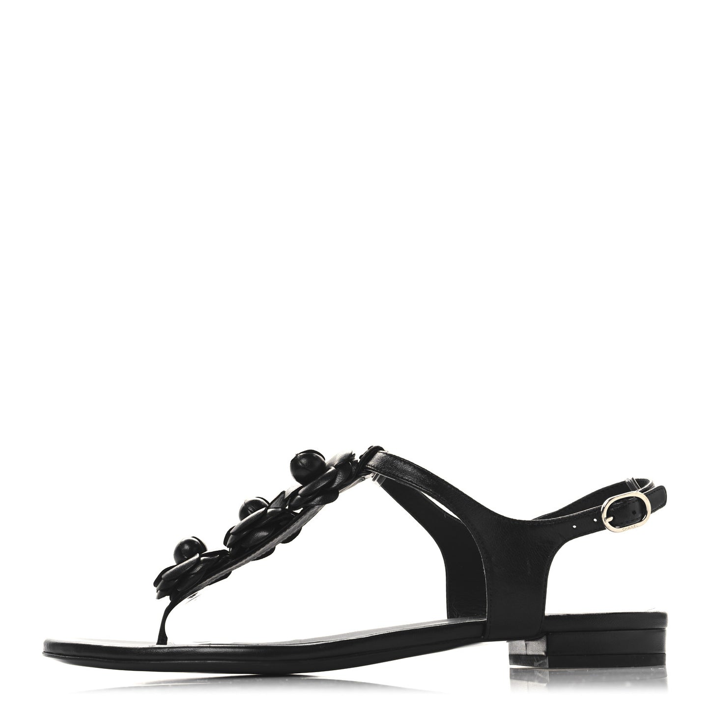 Calfskin Camellia Thong Sandals 39.5 Black