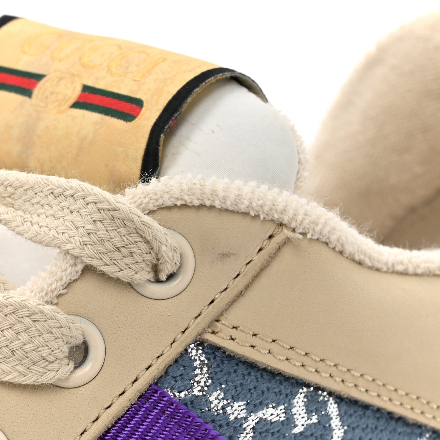 Calfskin Lame GG Monogram Web Womens Screener Sneakers 40 Blue Silver Dusty Milk Shine Purple