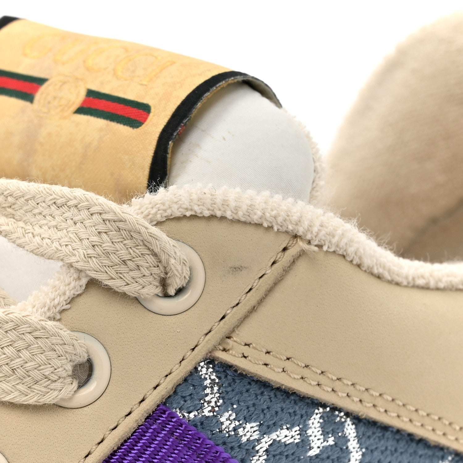 Gucci Calfskin Lame GG Monogram Web Womens Screener Sneakers 40 Blue Silver Dusty Milk Shine Purple 12 of 13