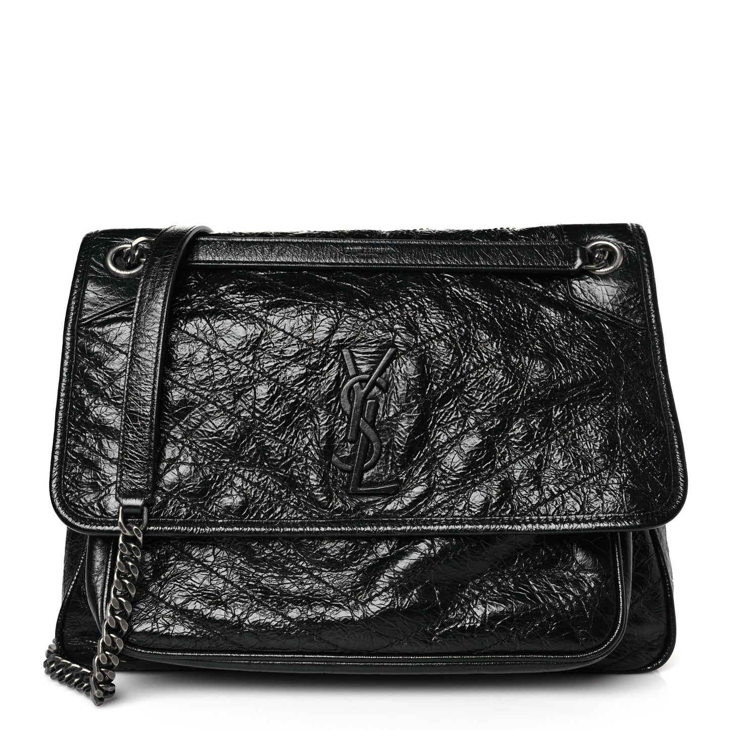 Crinkled Calfskin Matelasse Monogram Large Niki Chain Satchel Black