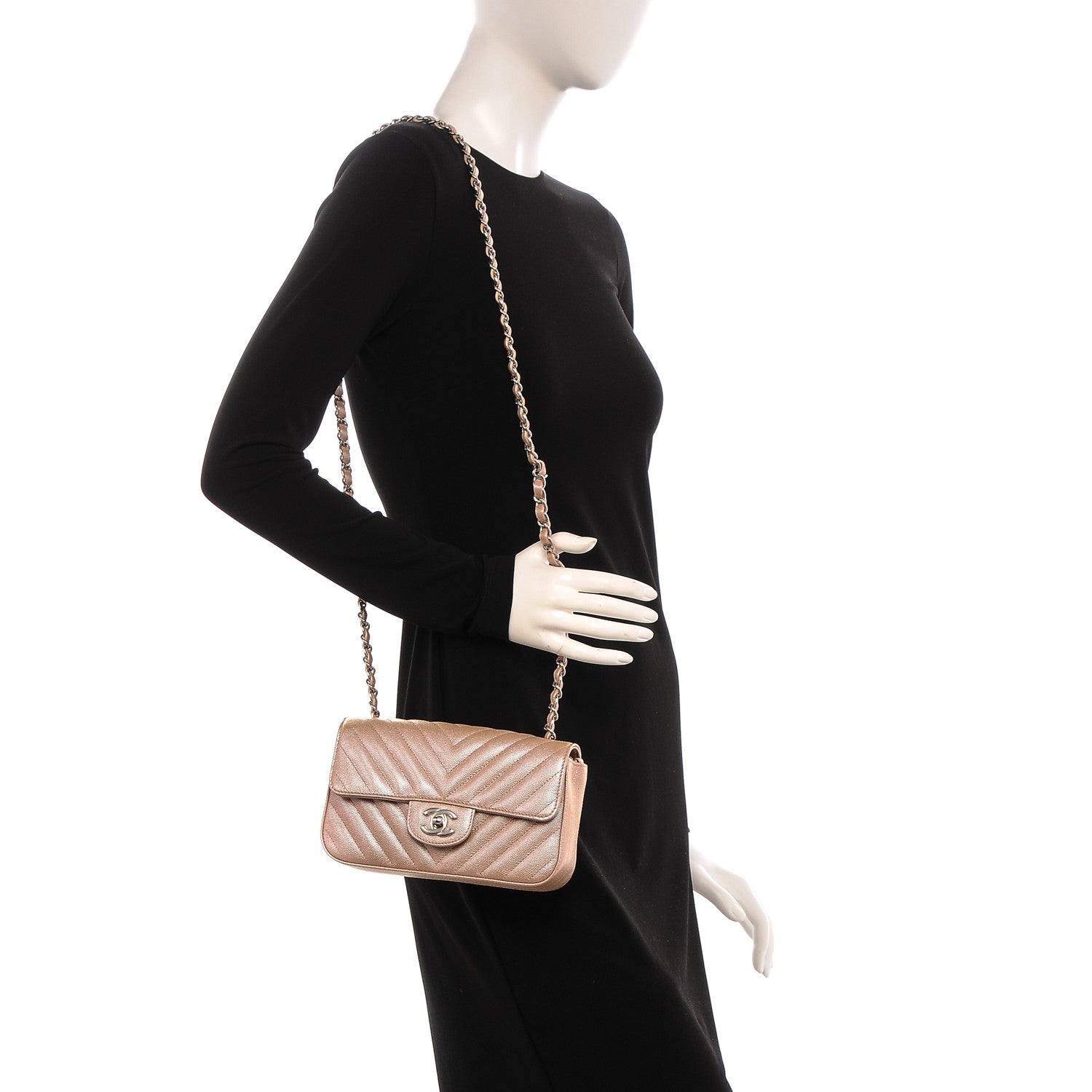 Chanel Metallic Caviar Chevron Quilted Mini Rectangular Flap Rose Gold 2 of 7
