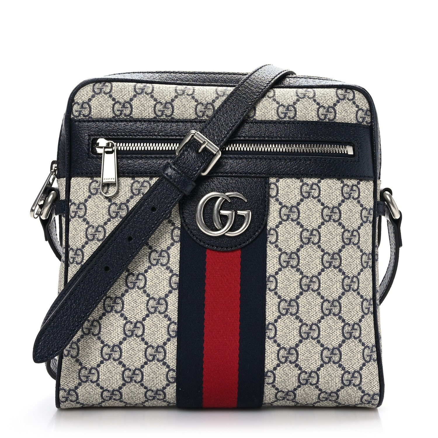 Gucci GG Supreme Monogram Textured Dollar Calfskin Web Small Ophidia Messenger Bag Beige Blue 1 of 10