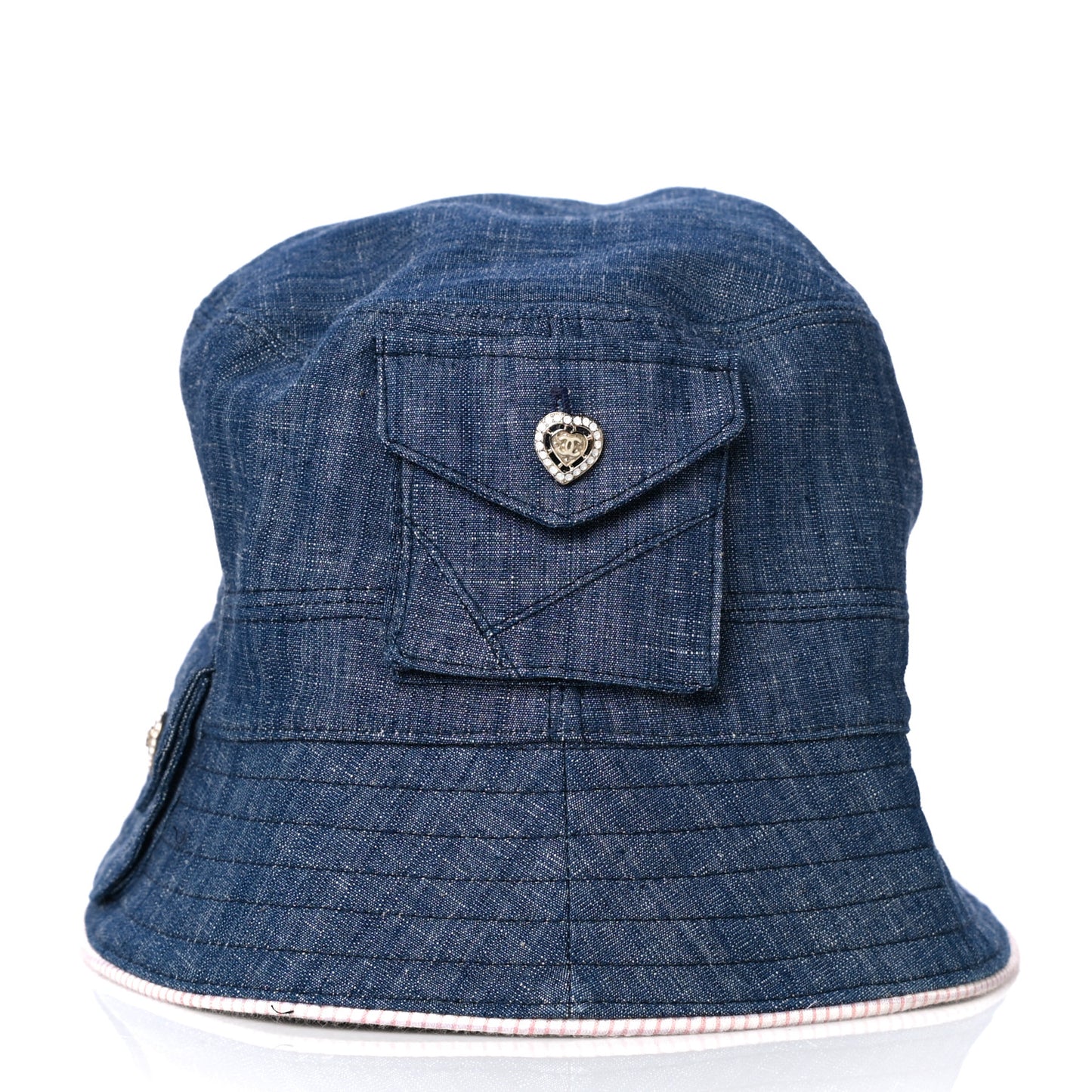 Denim Gingham Crystal CC Pocket Bucket Hat 57 Blue Pink