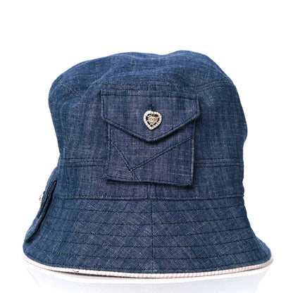 Chanel Denim Gingham Crystal CC Pocket Bucket Hat 57 Blue Pink 5 of 9