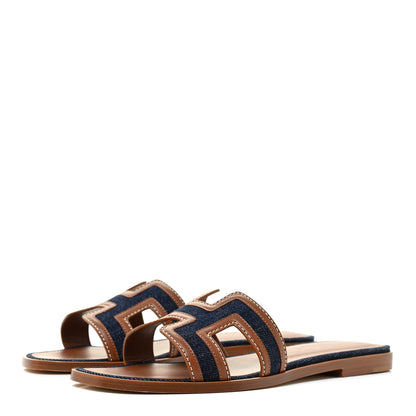Hermes Calfskin Denim Oran Sandals 37 Bleu Brut Gold 3 of 10