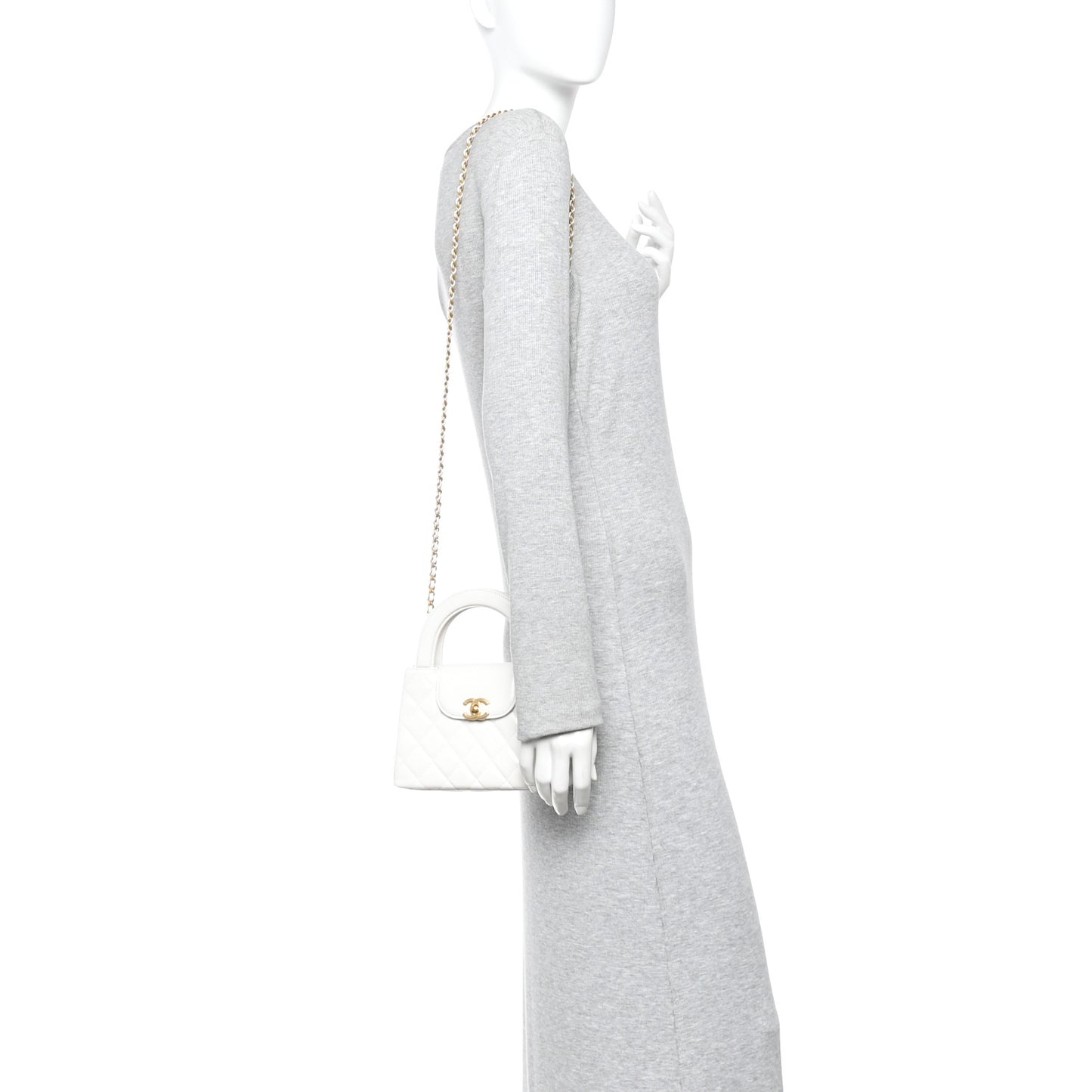 Shiny Aged Calfskin Quilted Nano Kelly Shopper White