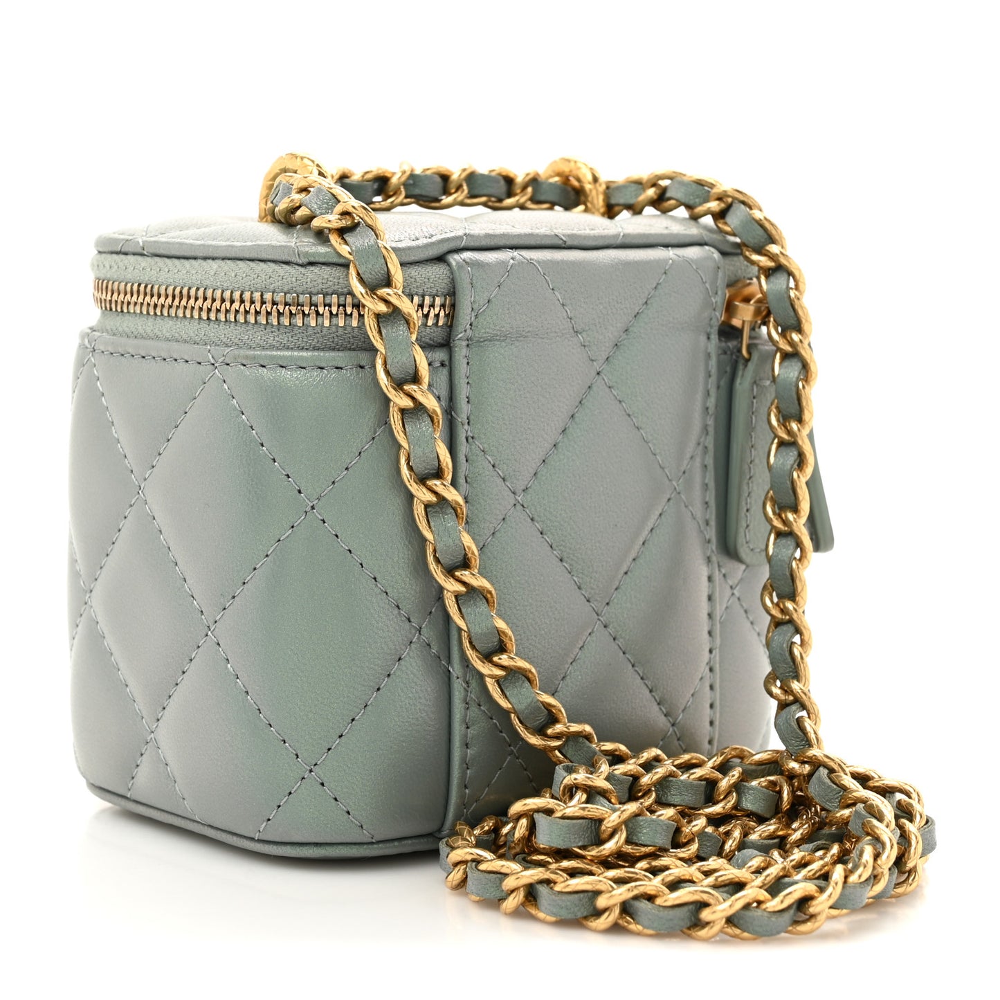 Metallic Lambskin Quilted Dynasty Mini Vanity Case With Chain Grey