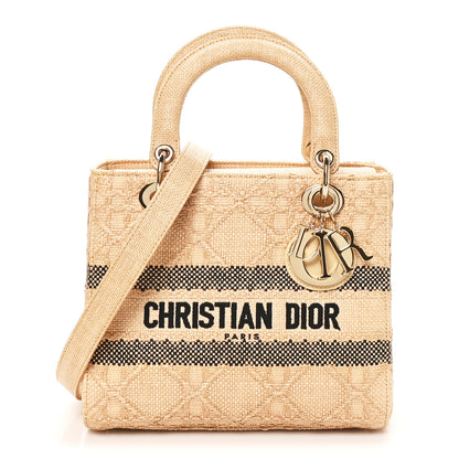 Christian Dior Raffia Woven Cannage Embroidered Medium Lady D-Lite Natural Black 1 of 9